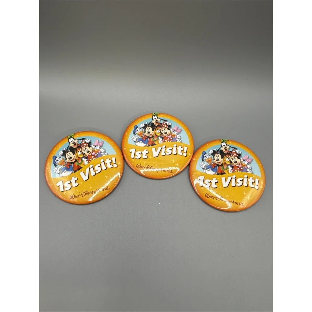 3 Walt Disney World 1st Visit Buttons Pin Mickey Minnie Donald Goofy Daisy Pluto